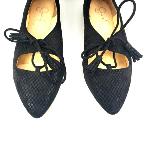 Jessica Simpson Black Vegan Suede, Tassel Lace-Up, Pointy Toe Flats. Women's 7M - Picture 8 of 12